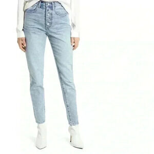 Crystal Exposed Button High Waist Jeans